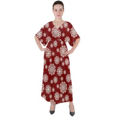 Snowflakes On Red V-neck Boho Style Maxi Dress by bloomingvinedesign