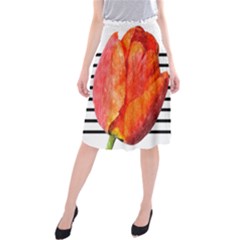 Tulip Watercolor Red And Black Stripes Midi Beach Skirt by picsaspassion