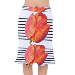 Tulip Watercolor Red And Black Stripes Short Mermaid Skirt by picsaspassion