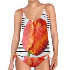 Tulip Watercolor Red And Black Stripes Tankini Set by picsaspassion