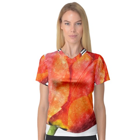 Tulip Watercolor Red And Black Stripes V-neck Sport Mesh Tee by picsaspassion