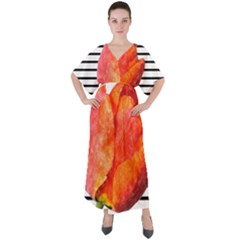 Tulip Watercolor Red And Black Stripes V-neck Boho Style Maxi Dress