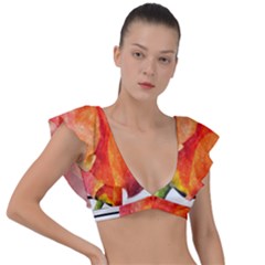 Tulip Watercolor Red And Black Stripes Plunge Frill Sleeve Bikini Top by picsaspassion