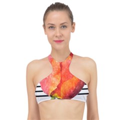 Tulip Watercolor Red And Black Stripes High Neck Bikini Top