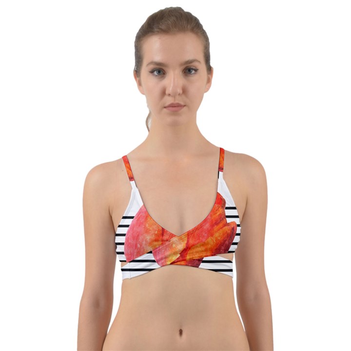 Tulip watercolor Red and black stripes Wrap Around Bikini Top