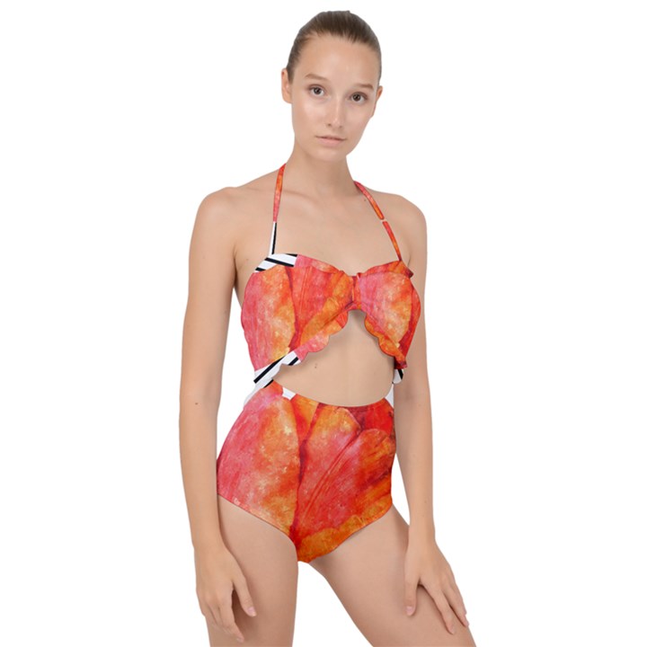 Tulip watercolor Red and black stripes Scallop Top Cut Out Swimsuit