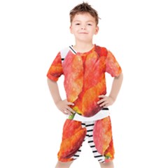 Tulip Watercolor Red And Black Stripes Kids  Tee And Shorts Set by picsaspassion