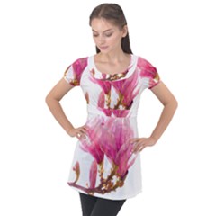 Magnolia Roze Aquarel Watercolor Puff Sleeve Tunic Top by picsaspassion