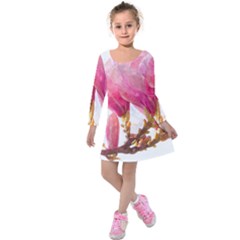 Magnolia Roze Aquarel Watercolor Kids  Long Sleeve Velvet Dress by picsaspassion