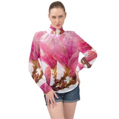 Magnolia Roze Aquarel Watercolor High Neck Long Sleeve Chiffon Top