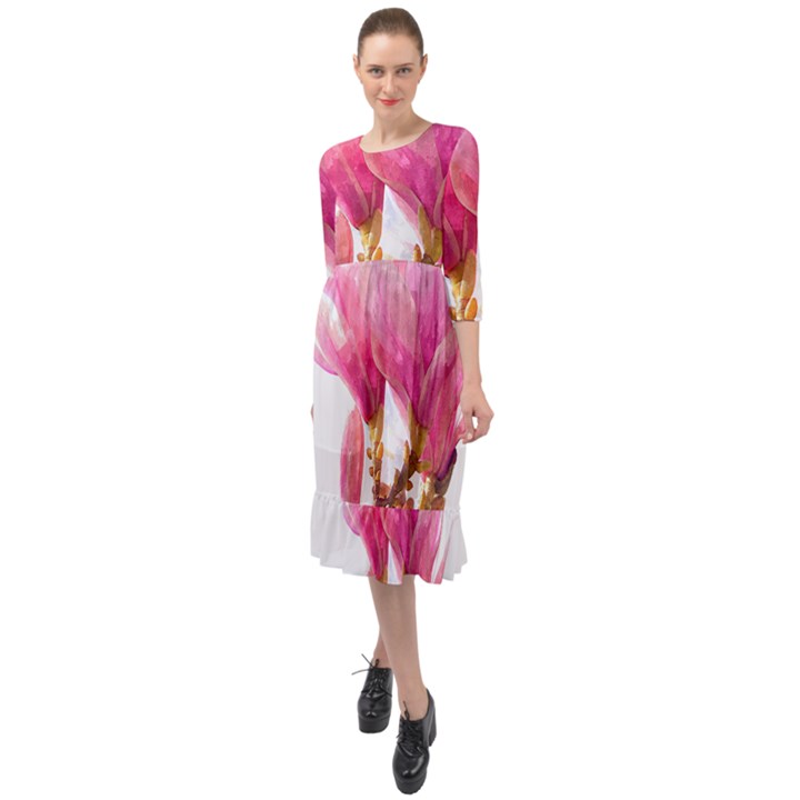 Magnolia Roze aquarel watercolor Ruffle End Midi Chiffon Dress