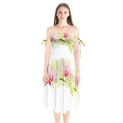 Phalenopsis Orchid White Lilac Watercolor Aquarel Shoulder Tie Bardot Midi Dress by picsaspassion