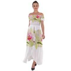 Phalenopsis Orchid White Lilac Watercolor Aquarel Off Shoulder Open Front Chiffon Dress