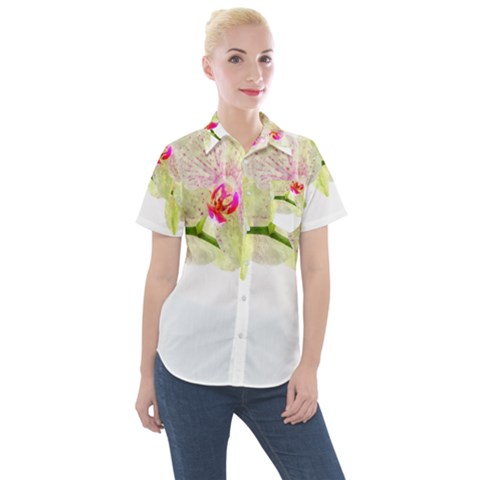 Phalenopsis Orchid White Lilac Watercolor Aquarel Women s Short Sleeve Pocket Shirt by picsaspassion