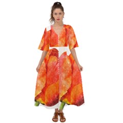 Spring Tulip Red Watercolor Aquarel Kimono Sleeve Boho Dress