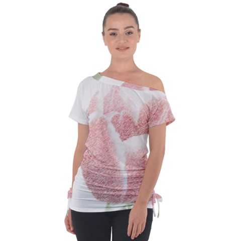 Tulip Red White Pencil Drawing Tie-up Tee by picsaspassion