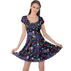 Mexican Sugar Skull Cat Cap Sleeve Dress