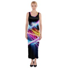 Colorful Neon Art Light Rays, Rainbow Colors Fitted Maxi Dress by picsaspassion