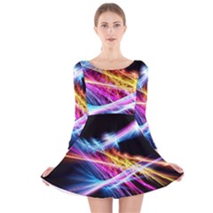 Colorful Neon Art Light Rays, Rainbow Colors Long Sleeve Velvet Skater Dress