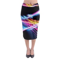 Colorful Neon Art Light Rays, Rainbow Colors Midi Pencil Skirt by picsaspassion