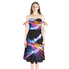 Colorful Neon Art Light Rays, Rainbow Colors Shoulder Tie Bardot Midi Dress by picsaspassion