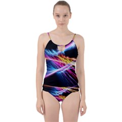 Colorful Neon Art Light Rays, Rainbow Colors Cut Out Top Tankini Set by picsaspassion