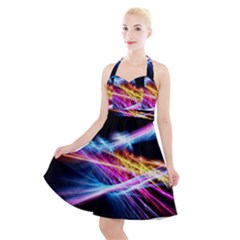 Colorful Neon Art Light Rays, Rainbow Colors Halter Party Swing Dress  by picsaspassion