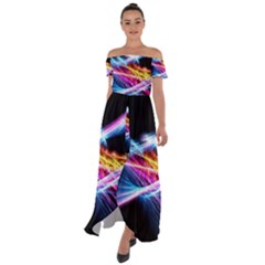 Colorful Neon Art Light Rays, Rainbow Colors Off Shoulder Open Front Chiffon Dress by picsaspassion