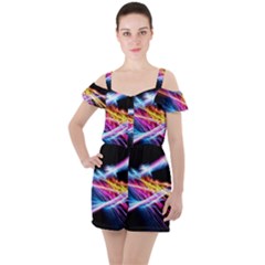 Colorful Neon Art Light Rays, Rainbow Colors Ruffle Cut Out Chiffon Playsuit by picsaspassion