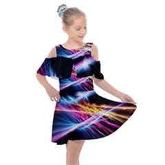 Colorful Neon Art Light Rays, Rainbow Colors Kids  Shoulder Cutout Chiffon Dress by picsaspassion