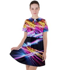 Colorful Neon Art Light Rays, Rainbow Colors Short Sleeve Shoulder Cut Out Dress  by picsaspassion