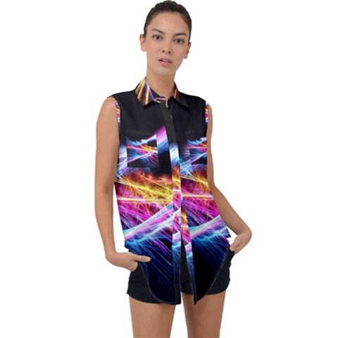 Colorful Neon Art Light Rays, Rainbow Colors Sleeveless Chiffon Button Shirt by picsaspassion