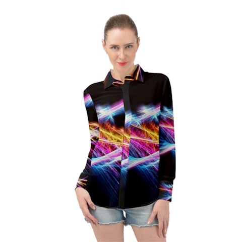 Colorful Neon Art Light Rays, Rainbow Colors Long Sleeve Chiffon Shirt by picsaspassion