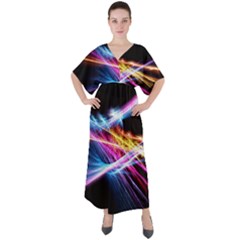 Colorful Neon Art Light Rays, Rainbow Colors V-neck Boho Style Maxi Dress