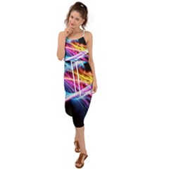 Colorful Neon Art Light Rays, Rainbow Colors Waist Tie Cover Up Chiffon Dress