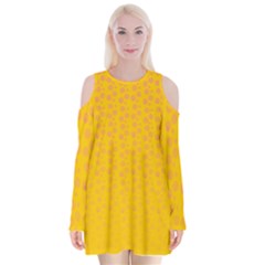 Background Polka Yellow Velvet Long Sleeve Shoulder Cutout Dress