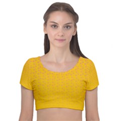 Background Polka Yellow Velvet Short Sleeve Crop Top  by HermanTelo