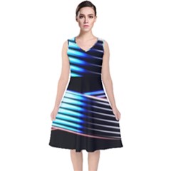 Motion Line Illustrations V-neck Midi Sleeveless Dress 