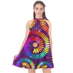 Abstract Background Spiral Colorful Halter Neckline Chiffon Dress 