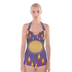 Night Moon Flora Background Boyleg Halter Swimsuit 