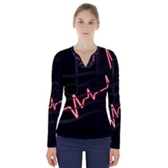 Music Wallpaper Heartbeat Melody V-neck Long Sleeve Top by HermanTelo