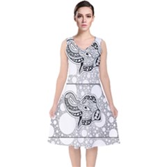 Elegant Mandala Elephant In Black And Wihte V-neck Midi Sleeveless Dress  by FantasyWorld7