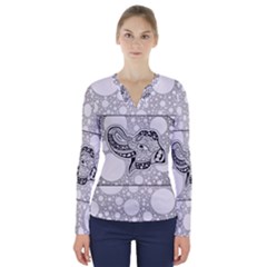 Elegant Mandala Elephant In Black And Wihte V-neck Long Sleeve Top by FantasyWorld7