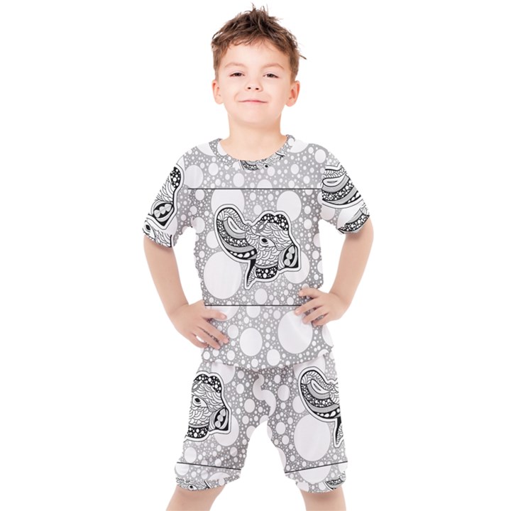 Elegant Mandala Elephant In Black And Wihte Kids  Tee and Shorts Set