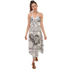 Elegant Mandala Elephant In Black And Wihte Halter Tie Back Dress 