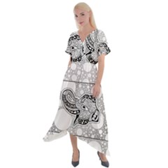 Elegant Mandala Elephant In Black And Wihte Cross Front Sharkbite Hem Maxi Dress