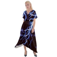 Blue Thunder Colorful Lightning Graphic Cross Front Sharkbite Hem Maxi Dress