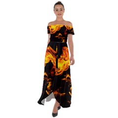 Can Walk On Fire, Black Background Off Shoulder Open Front Chiffon Dress