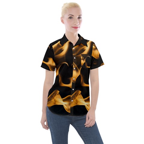 Can Walk On Volcano Fire, Black Background Women s Short Sleeve Pocket Shirt by picsaspassion