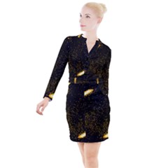 Cosmos Comet Dance, Digital Art Impression Button Long Sleeve Dress by picsaspassion